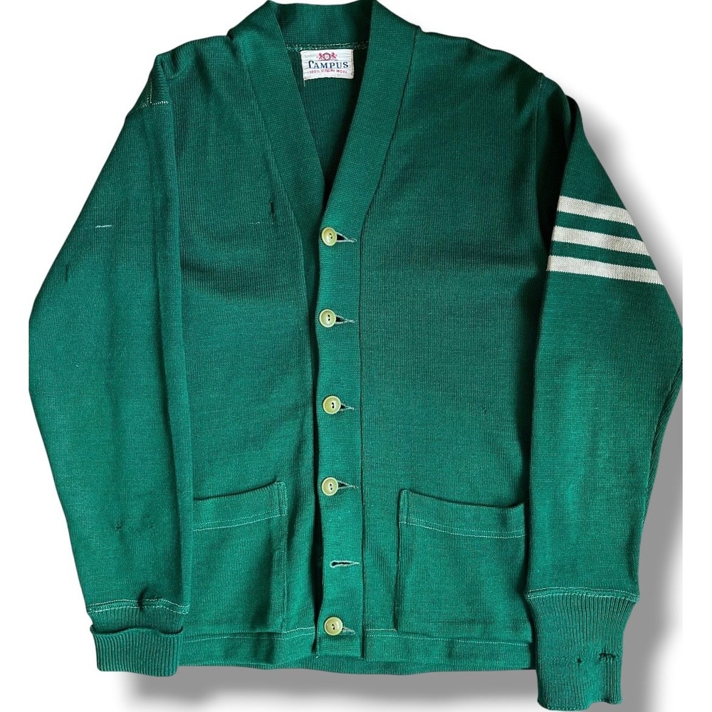 Vtg Campus Green Virgin Wool Cardigan Sweater Varsity Stripe Sz S Slater SC 1939